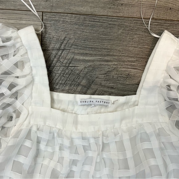 English Factory White Grid Pattern Puff Sleeve Organza Top- Size Extra Small - Picture 12 of 14
